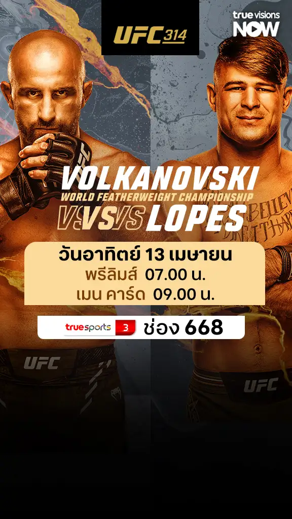 โปรแกรมถ่ายทอดสด โปรแกรมมวย UFC 314 Volkanovski vs. Lopes