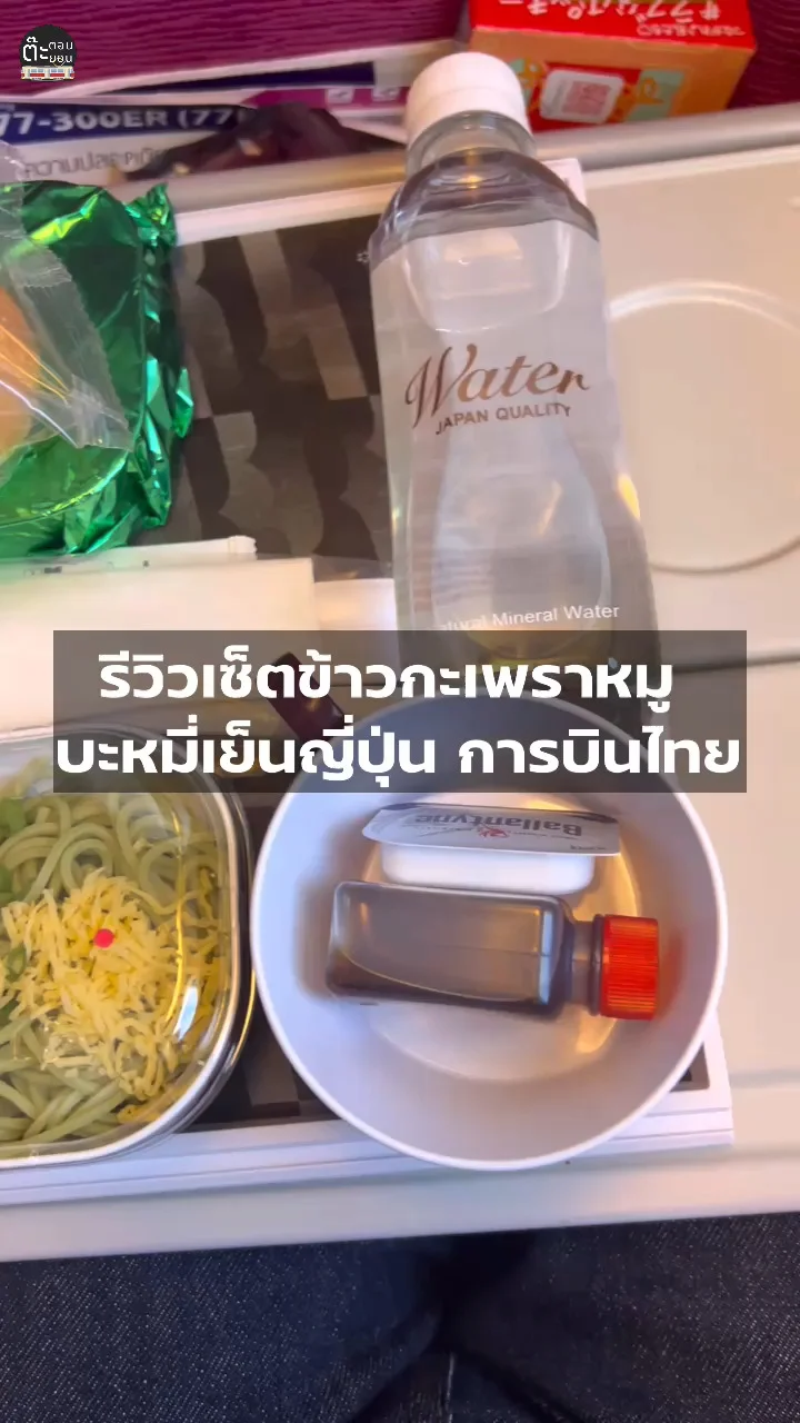 รีวิวเซ็ตข้าวกะเพราหมู บะหมี่เย็น อาหารบนเครื่องอร่อย ๆ จากการบินไทย
