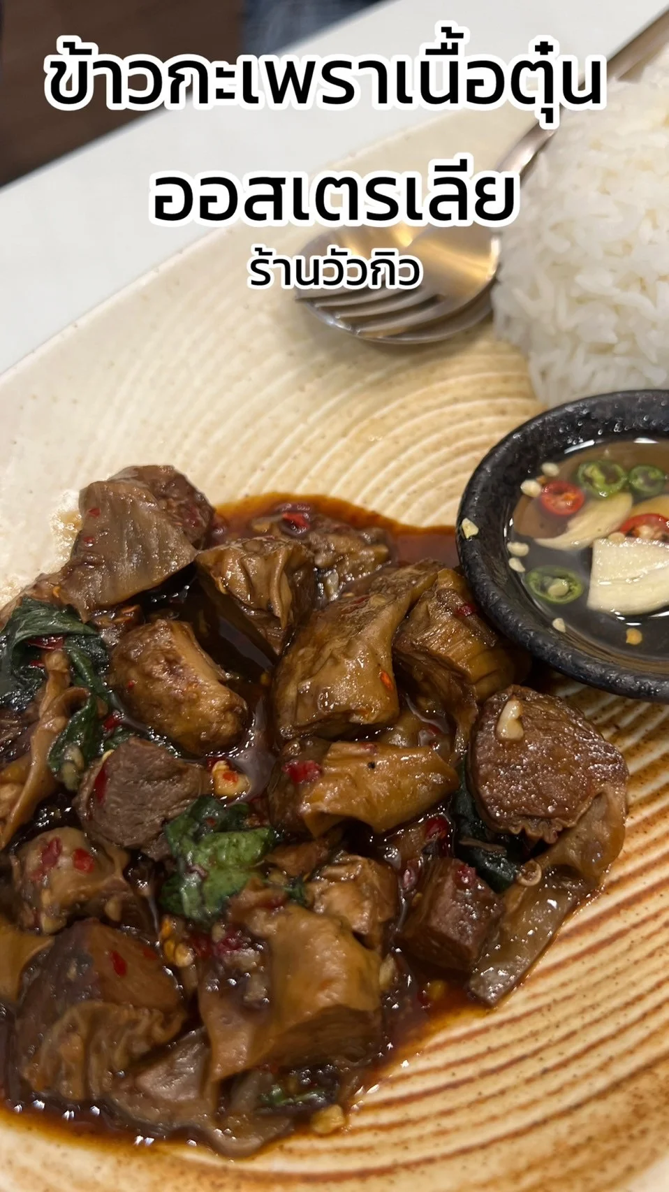 รีวิว ข้าวกะเพราเนื้อตุ๋น ออสเตรเลีย เนื้อนุ่มอร่อย ที่ร้านวัวกิว