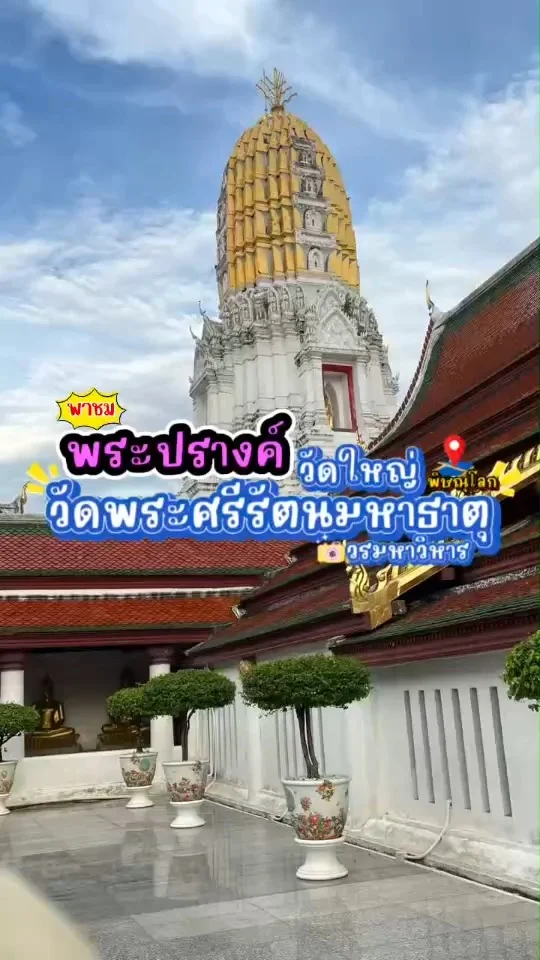 พาชม พระปรางค์ วัดพระศรีรัตนมหาธาตุ เป็นเจดีย์ทรงดอกบัวตูม สีเหลืองอ่อนและขาว